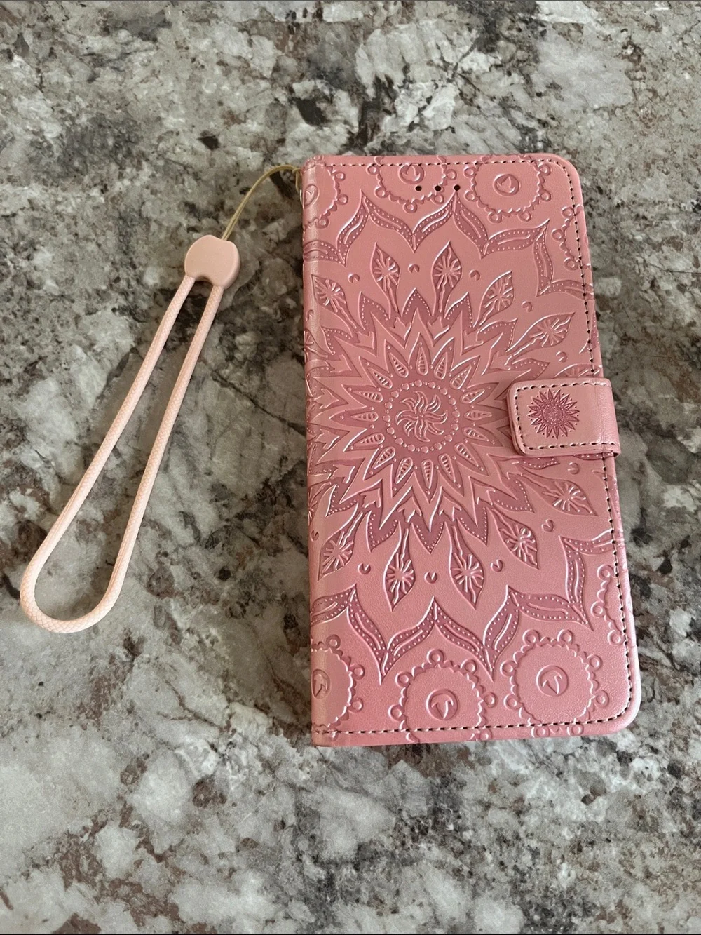 Pink Floral Mandala Wallet android Phone Case with Wrist Strap